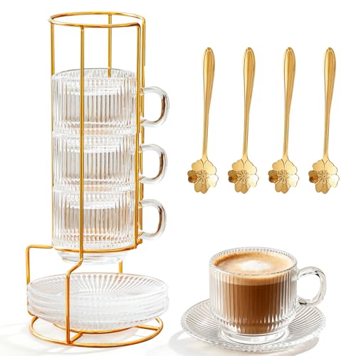 Set of 4 Clear Glass Espresso Cups with Saucers & Stand, 5.4 oz Coffee Mug Set