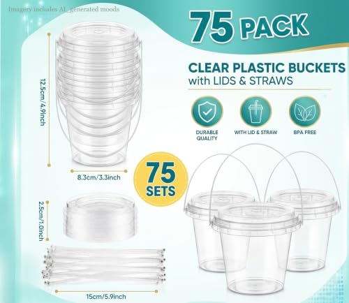 75 Pack Reusable Plastic Drink Buckets with Lids & Straws, 24 oz Party Beverage Pails