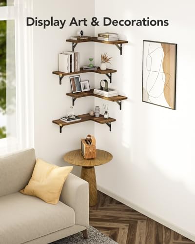 Set of 4 Corner Floating Shelves, Solid Paulownia Wood L-Shaped Wall Shelves