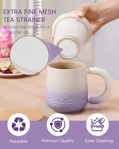 ZENS 12oz Purple Tea Mug with Infuser & Wooden Lid – Handcrafted Ceramic, Oolong & Loose Leaf Compatible