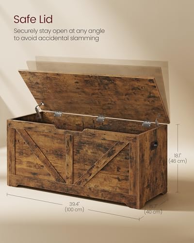 Rustic Wood Storage Chest with Safety Hinges - Large Entryway Bench