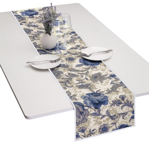 Blue Flower Table Runner for Dinner Party & Wedding Decor - Cream White & Blue, 12 x 33 Inch