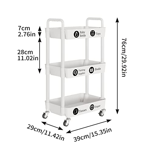 3-Tier Rolling Utility Cart with Wheels - Mobile Storage Organizer, White