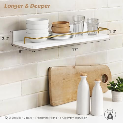 Floating Wall Shelves Set of 3 White and Gold with Guard Rail