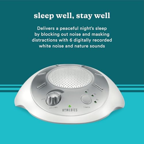 Homedics White Noise Sound Machine, Portable Travel Sleep Therapy with 6 Nature Sounds and Timer