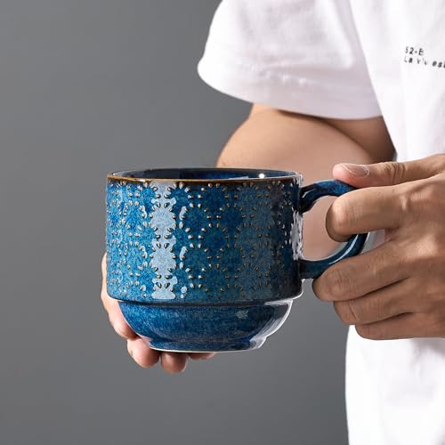JH JIEMEI HOME Blue 15oz Ceramic Coffee Mug Set of 4 with Stand - Embossed, Stackable, Microwave & Dishwasher Safe