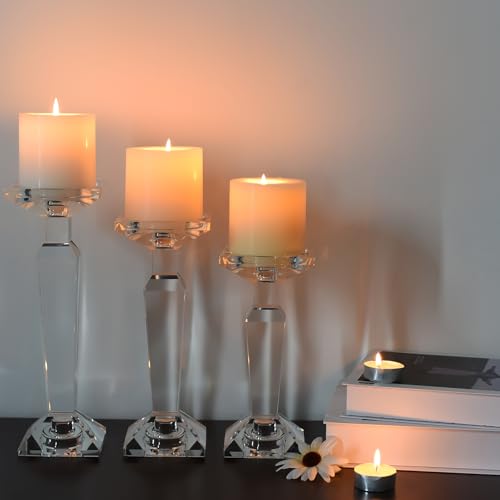 Marvala Crystal Candelabra Set - 3-in-1 Reversible Candle Holders for Taper, Pillar & Tealight Candles - SML Set of 3