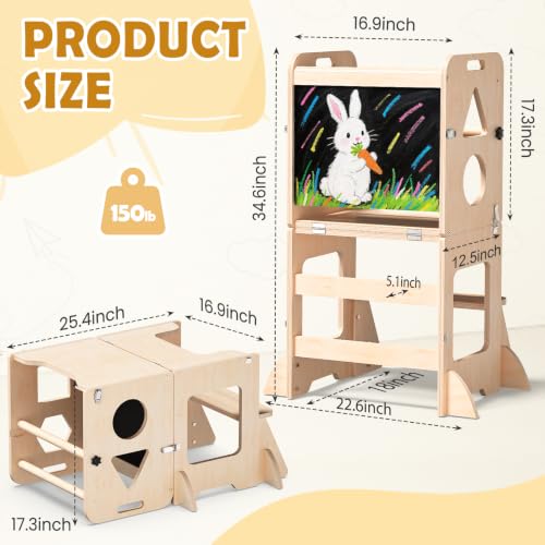4-in-1 Wooden Toddler Learning Tower & Kitchen Step Stool with Blackboard