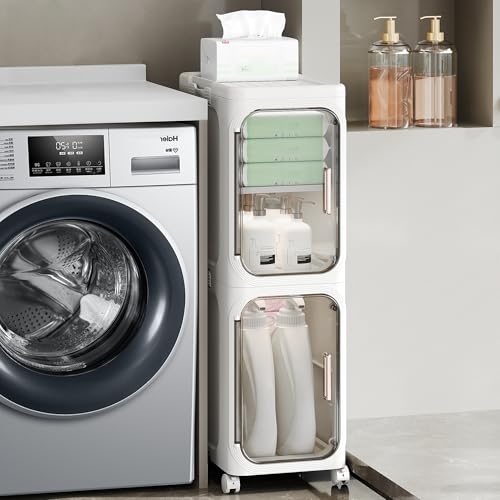 Slim Bathroom Storage Cabinet, 2-Tier Rolling Organizer with Clear Doors