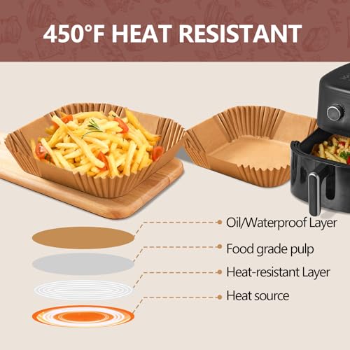 UBeesize 9 Inch Air Fryer Paper Liners, 400 PCS Parchment Paper, Air Fryer Disposable Paper Liners for Microwave, Non-Stick Sheets Square Free of Bleach£¨Bottom size 8 Inch£©