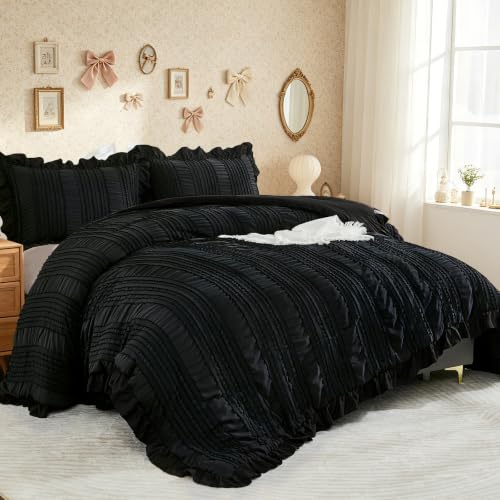 Black King Comforter Set, 3-Piece Ruffle Seersucker Textured Bedding Set