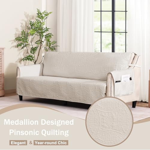 Large Beige Quilted Sofa Slipcover - Water-Repellent & Non-Slip