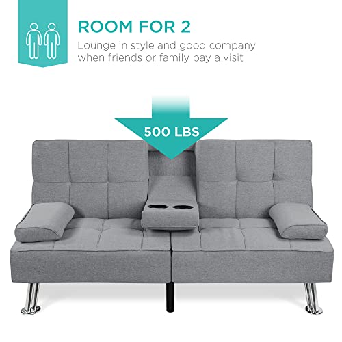 Modern Linen Convertible Sofa Bed with Cupholders and Removable Armrests