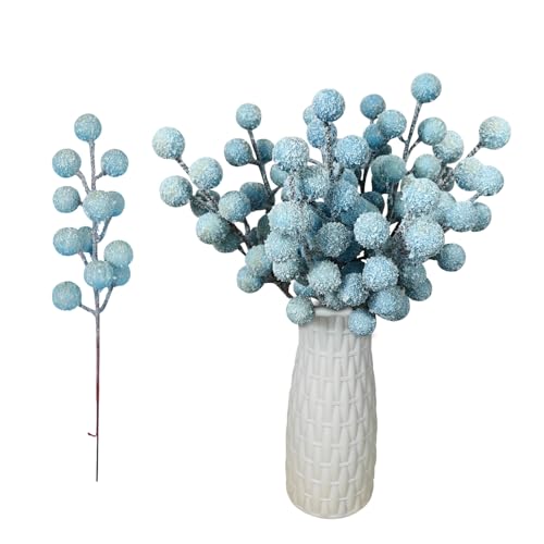 Artificial Snow Berry, 24 pcs Christmas Berries Stems, Artificial Christmas Picks, Berries Stems for Xmas Tree Ornaments Wreath Decorations Home (Light Blue)