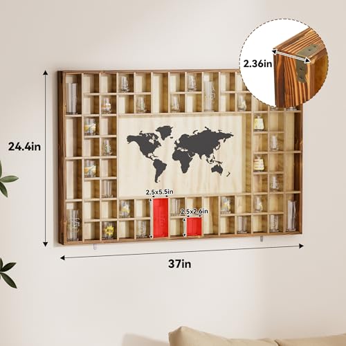 Rustic World Map Shot Glass Display Case - 68-Capacity Wood Wall Shelf