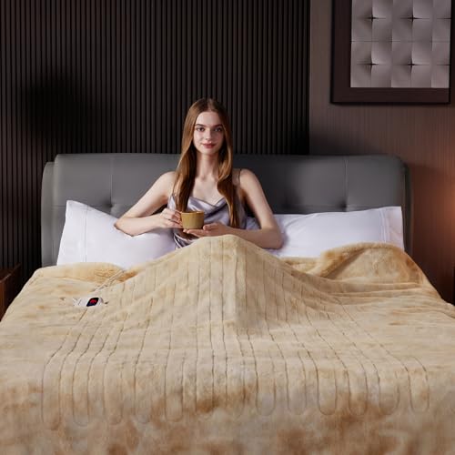 Electric Heated Blanket - Soft Faux Rabbit Fur Throw, 50"x60", 10 Heat Levels
