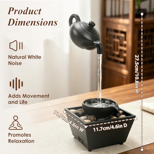Floating Teapot Tabletop Fountain with LED Lights, Zen Water Feature