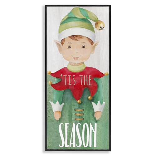 Stupell Industries 'Tis the Season Green Christmas Elf Bell Hat Framed Wall Art Midnight Black, 10x24 Inches