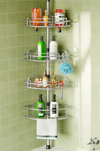 HAMITOR 4-Tier Tension Pole Corner Shower Caddy, Rustproof Adjustable Shelves