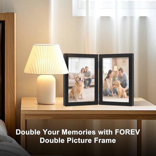 4x6 Double Picture Frame - Black Wooden Hinged Photo Frame for Tabletop