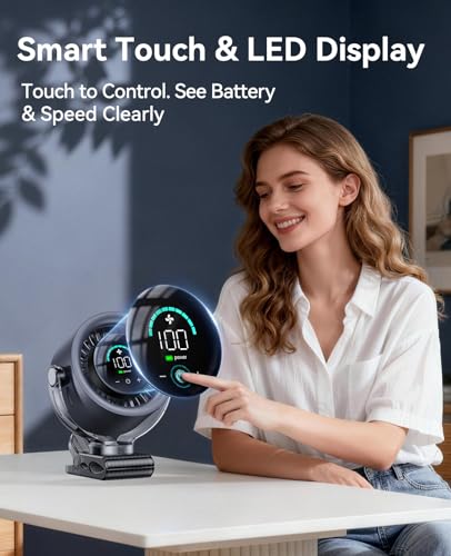 Rechargeable Clip on Fan with 100-Speed Touch Control and LED Display (Black)
