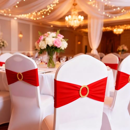 50-Pack Red Spandex Chair Sashes with Gold Buckles - Stretch Chair Bands