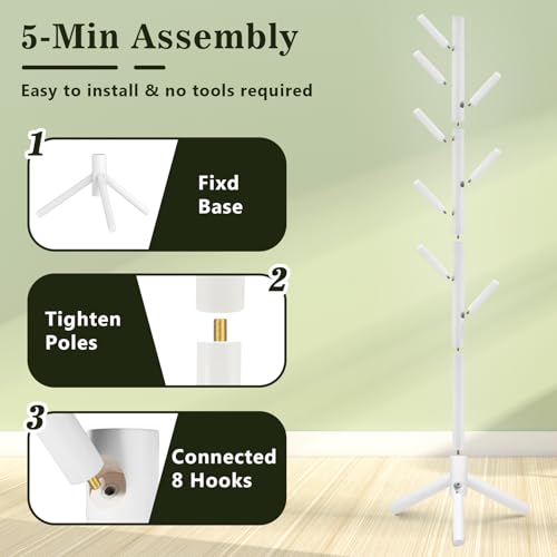 Freestanding Wooden Coat Rack - 8-Hook Adjustable Pine Clothes Tree, White
