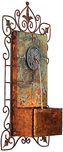 33-Inch Rustic Iron Scroll Wall Fountain with LED Light for Garden Patio