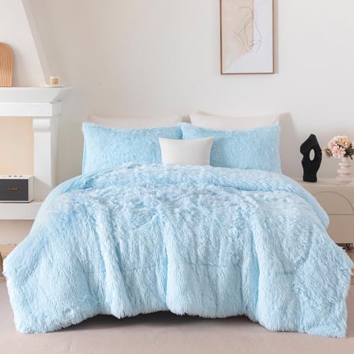 3-Piece Twin Faux Fur Comforter Set - Soft Fluffy Bedding in Light Blue