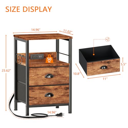 Industrial Nightstand with Charging Station, 2 Fabric Drawers & USB Ports