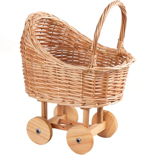 Woven Rattan Stroller Flower Basket - Vintage Wicker Table Centerpiece