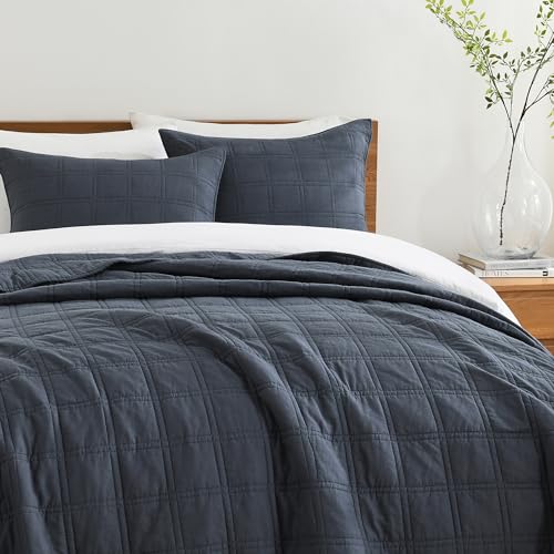 100% Cotton Quilt Set Twin Size - Pre-Washed Denim Blue Bedspread with Sham