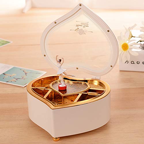 Heart-Shaped Ballerina Music Box with Rotating Figurine and Jewelry Storage