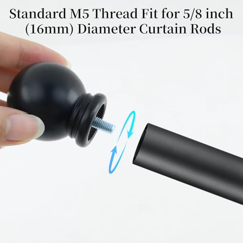 Ball Shape Curtain Rod Finials for 5/8 Inch Rods, M5 Screw, Black 2-Pack