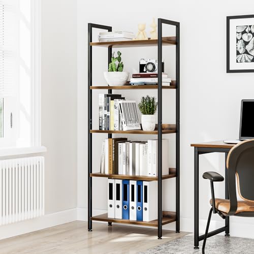 5-Tier Freestanding Bookshelf - Metal Frame & Wood Shelving Unit