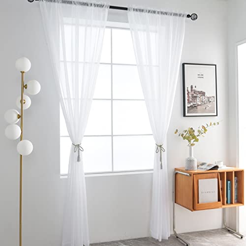 White Sheer Voile Window Curtain Panels - Dual Rod Pocket, 52 x 84 Inch (Pair)