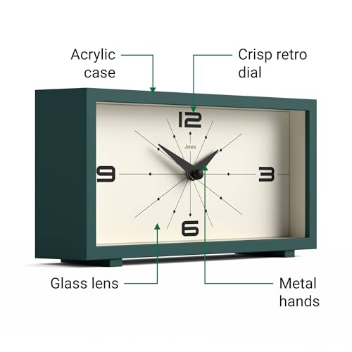 Modern Rectangular Desk Clock, Retro Mid-Century Style, Dark Green