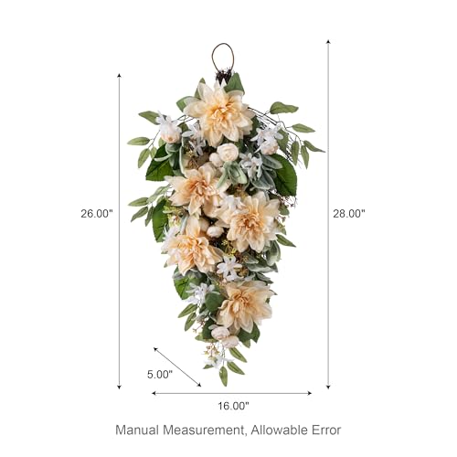 28-Inch Peach Dahlia Artificial Floral Teardrop Swag for Front Door