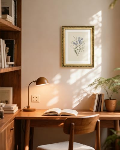 Vintage Blue Wildflower Botanical Wall Art, 11x14 Inch Gold Framed Canvas