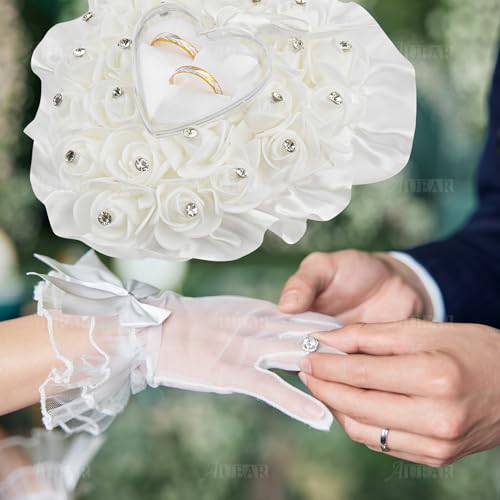 Heart Shaped Wedding Ring Pillow with Lace, Roses, and Rhinestones
