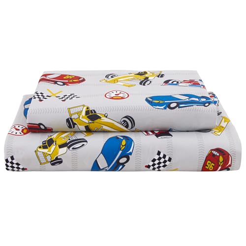 Twin Size Bed Sheet Set - 3-Piece Kids Racing Car Print with Deep Pockets