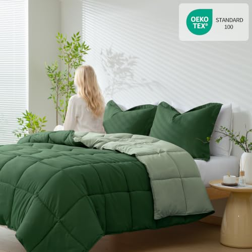 3-Piece Reversible Green Queen Comforter Set - Soft Microfiber Bedding