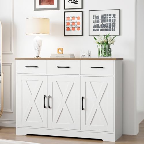Modern Farmhouse Buffet Cabinet with 3 Drawers and Adjustable Shelves, 42.5"