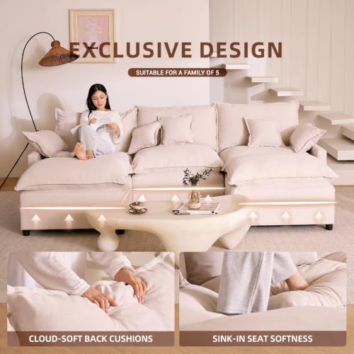 108-Inch U-Shaped Modular Cloud Sofa with Ottoman, Linen Beige