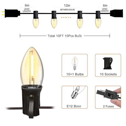 10FT C7 LED Christmas Lights Warm White Waterproof Outdoor - Clear / 10FT