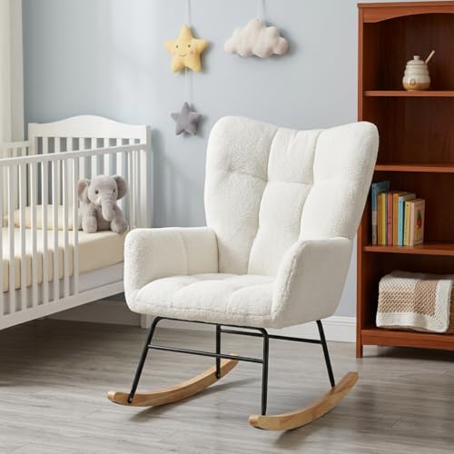 Nursery Rocking Chair with Cotton Fabric, Padded Seat & Anti-Tip Design