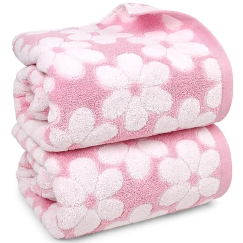 Set of 2 Floral Jacquard Cotton Bath Towels - 27.5 x 55 Inch Pink