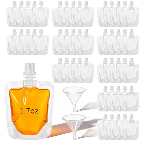 50ml Reusable Plastic Drink Pouches Bulk with Funnels - Leakproof Juice Bags for Travel, Food-Grade, Clear, 100 pcs