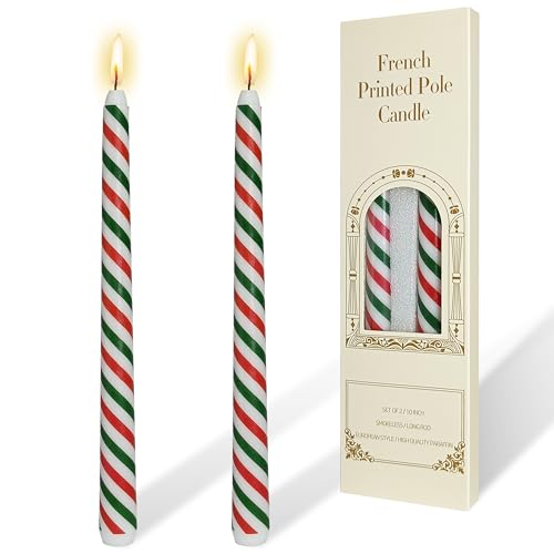 Christmas Printed Taper Candles 10 Inch, Unscented 2 Pack – Red & Green Stripes with Trees & Santas (Variation: Christmas-Red and Green Stripes / 10 INCH)