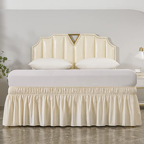 Wrap Around Elastic Bed Skirt - 16-Inch Drop Dust Ruffle (Queen/King, Beige)